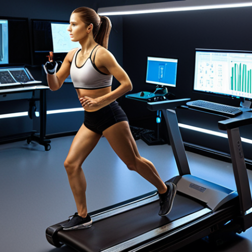 Home 6 ** A high-tech sports biomechanics lab. An athlete is running on a treadmill surrounded by motion capture cameras and sensors. A biomechanics expert is analyzing data on a computer screen showing 3D skeletal models and force vectors. Focus on the technology and data visualization aspect.
**